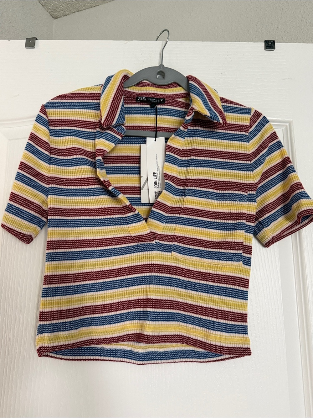 New Zara Striped Polo Crop Top in Yellow, Blue & Maroon Sz S.